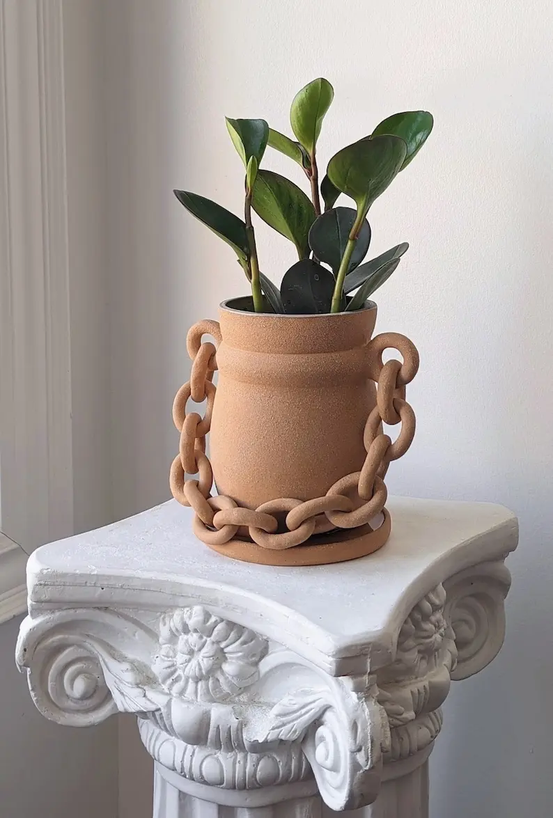 Jardinière en céramique faite à la main avec une chaîne et un plat | pot de fleurs en céramique | jardinière succulente | Pot de fleurs en poterie | Jardinière en terre cuite