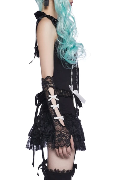 Widow Goth Lolita Sheer Lace Bow Fingerless Gloves - Black