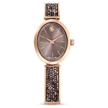 Montre Crystal Rock oval, Fabriqué en Suisse, Bracelet en cristal, Gris, Finition or rose