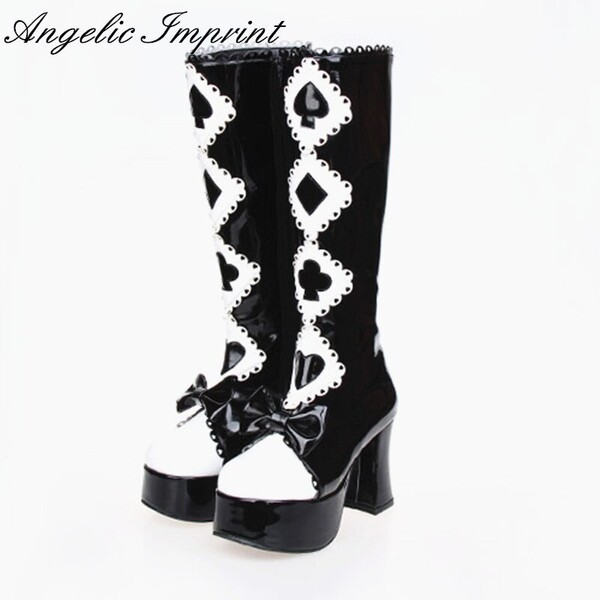 Bottes hautes gothiques noires et blanches, série Alice au pays des merveilles, à semelle haute, Lolita Cosplay