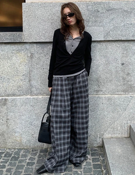 Black and Grey Plaid Wide-Leg Pants