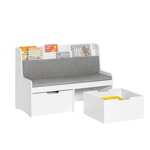 SoBuy Coffre à Jouets Enfants, Banc de Rangement pour Enfants avec Bibliothèque, 2 Tiroirs sur roulettes et Coussin d'assise, 100 x 45 x 70 cm, Blanc, KMB66-W