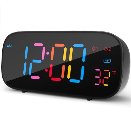 LIORQUE Réveil Numérique, Reveil a Piles LED en Couleur avec Fonction de Snooze, Reveil Digital avec Température, 0-100% Luminosité, 8 Sonneries, 2 Alarmes, 12/24H, Port de Charge USB, Noir