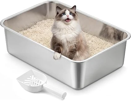 Feandrea Bac à Litière pour Chat en Acier Inoxydable, Litière Ouverte avec Pelle, Argent, 50 x 35 x 15 cm, pour Chats de Taille Moyenne et Grande PPT016E101