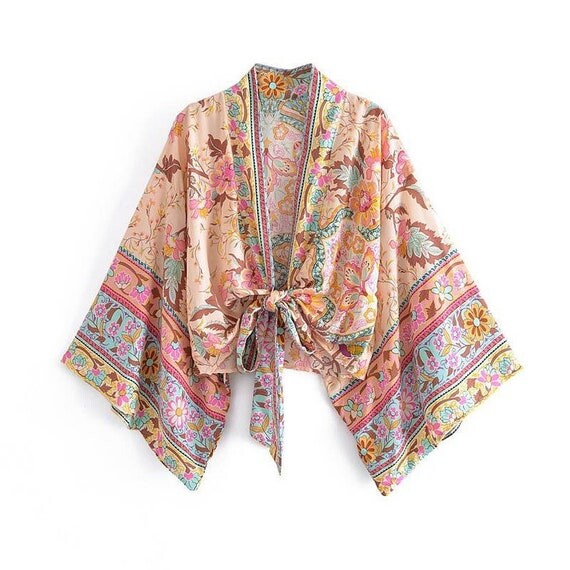 Boho Cropped Kimono Jacket Fleur Coton Imprimé Hippie vintage Boho