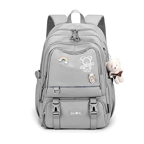 FANDARE Sac à Dos Sacs d'école Sacs Scolaires Cartables Filles Garçons Sac d'école Sacs Scolaires pour Primaire AOutdoor Voyage école Ados Daypacks avec Pendentif en Peluche Imperméable Nylon Gris