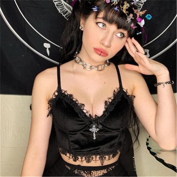 Hauts court en velours Y2K pour femmes, garniture en dentelle noire, esthétique Alternative Emo, dos nu, bretelles Sexy