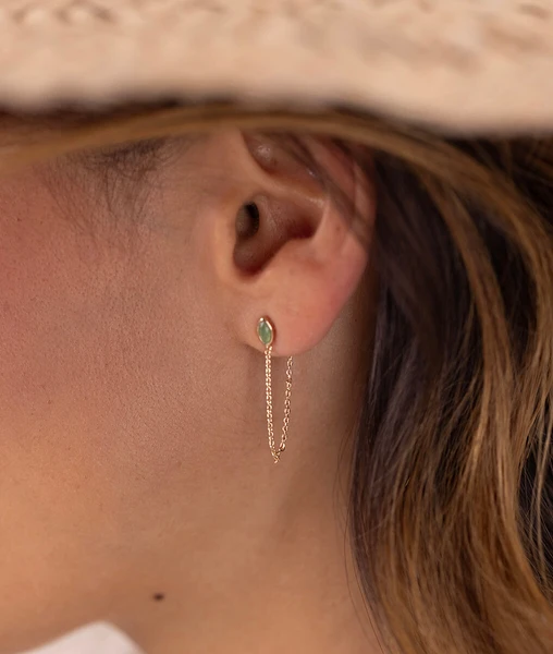 Boucles d'oreilles puces goutte Aventurine et chaîne Plaqué or