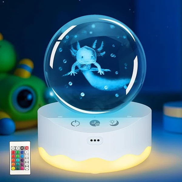 Ammonite Cadeau Axolotl, Boule de cristal pour enfants avec base de lampe LED, 70mm(2.75 inch) transparent en verre pour les cadeaux d'anniversaire des enfants, Cadeau d'anniversaire et d'anniversaire [Classe énergétique G]