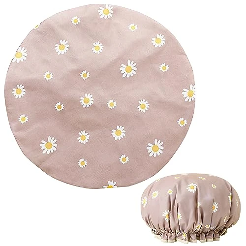NECXON Bonnet de douche pour femme, bonnet de douche imperméable double couche avec motif floral unique, bonnet de douche réutilisable pour cheveux longs, courts et bouclés (rose nordique)