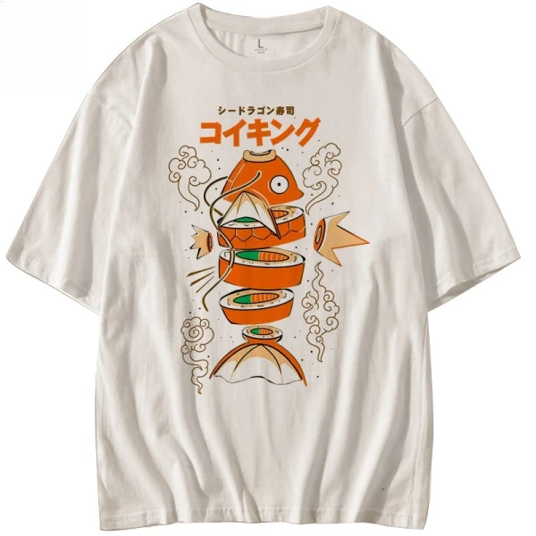 Style japonais Pokemon roi carpe Magikarp Sushi Sashimi manches courtes pur coton T-shirt ample hommes et femmes hauts d'été - AliExpress 200000345