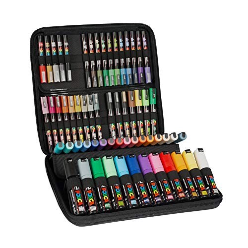POSCA - Mitsubishi Pencil - Mallette 60 marqueurs Pointes Extra-Fines PC1MC / Fines PC3M / Moyennes PC5M / Biseautées PC8K - Marqueurs Peinture à Base d'Eau - Tout Support