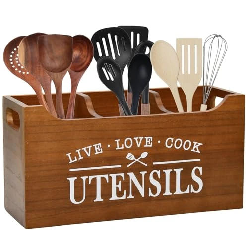 Karisky Porte-ustensiles de cuisine, grand organisateur d'ustensiles en bois à 3 compartiments pour comptoir de cuisine, rangement d'outils de cuisine de ferme pour comptoir, marron