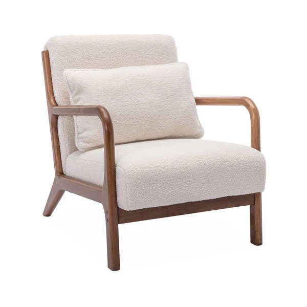 Fauteuil scandinave bouclettes et bois d&#39;hévéa teinté noyer clair LORENS BOUCLETTE