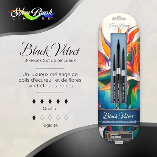 Silver Brush Limited - Assortiment de 3 pinceaux pour Aquarelle SLM 3099 Susan Louise Moyer - pinceaux Ronds Black Velvet Tailles 4, 8, 12
