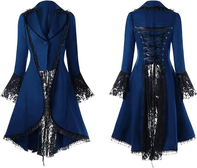 Manteau Longue Femme de Smoking- Top Femme Gothique Manche Trompette,Haut de Dentelle Steampunk Couleur Unie Veste Medievale Renaissance Grande Taille de Victorien Cour Halloween