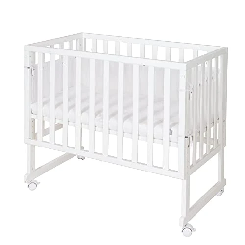 roba Lit Cododo 45 x 90 cm safe asleep® 3 en 1 - Hauteur Réglable - Berceau + Matelas + Barrière en Toile + Bordure en Maille + 4 Roulettes à Freins - Ensemble de Lit Bébé - Bois Blanc