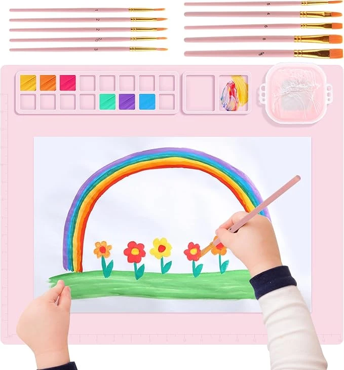 TNOMSNO Tapis Peinture Silicone, Tapis de Peinture en Silicone, Plateau Peinture Enfant Silicone, avec Tasse Pliable et Porte-Pinceaux pour Projets de Bricolage, Aquarelle, Argile - 51 x 41 cm