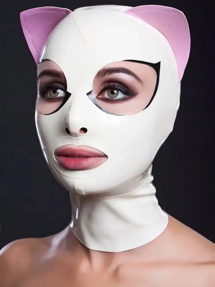Masque de chat en latex avec cils et oreilles roses