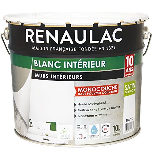 Renaulac Peinture intérieur Murs &amp; Plafonds Monocouche Acrylique Blanc Satin 10L - 100m²