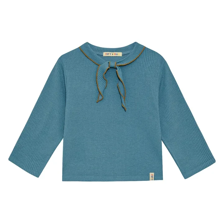 Petit Stella - T-shirt Côtelé Col Foulard - Bleu | Smallable