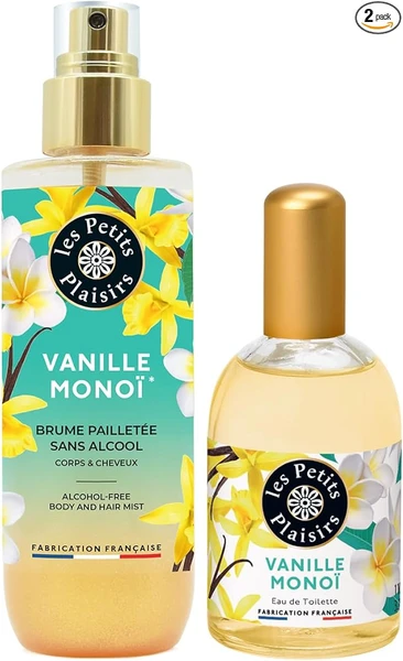 Les Petits Plaisirs - Vanilla Monoi Glitter Fragrance Mist + Vanilla Monoi Eau de Toilette. Made in France, Mist 200 ml, Eau de Toilette 110 ml