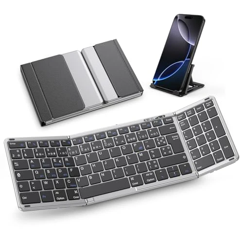 OMOTON Clavier Bluetooth Pliable avec Pavé Numérique, Clavier sans Fil AZERTY Rechargeable, Pleine-Taille, Portable Keyboard pour Android Windows iOS Mac iPad Tablette PC, Gris sidéral