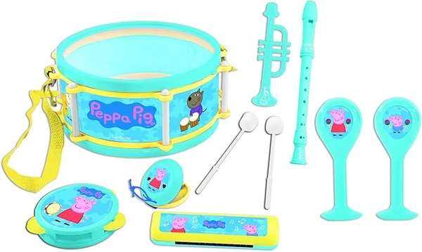 Lexibook - Peppa Pig Georges - Jouet Musical, Set de 7 Instruments de Musique (Tambour, Maracas, Castagnette, Harmonica, Flûte, Trompette, Tambourin), Jeu Pratique à Transporter, Bleu/Jaune, K360PP