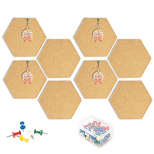 Tableaux en Liège Hexagonaux avec Punaises, Lot de 8 Autocollants à Faire soi-même - Tableau d'affichage Mural en Feutre Multifonction pour Photos, Décoration de Maison, Bureau, Affiche, Dessin