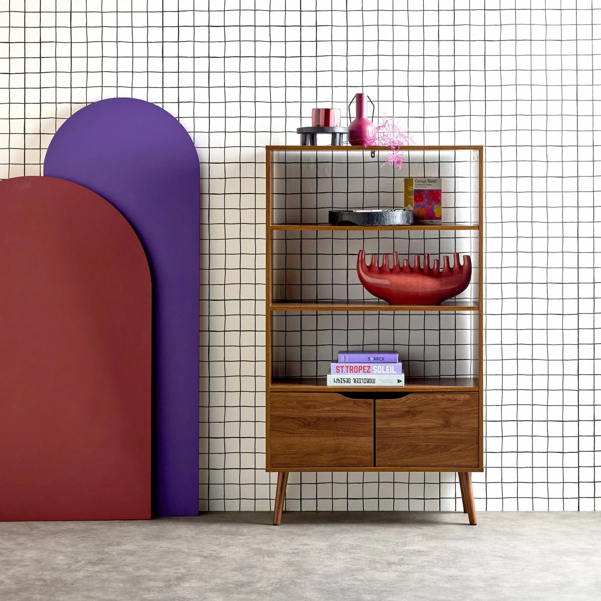 Etagère bibliothèque décor bois de noyer 2 portes 3 niveaux NEPAL