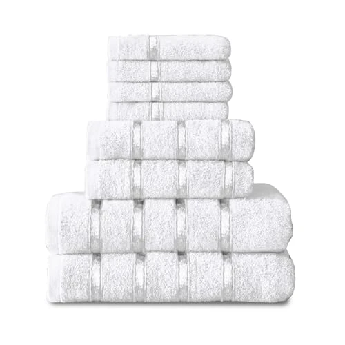 Lot de 8 Serviettes Super Douces en Coton égyptien - Séchage Rapide - Très absorbantes - Blanc - (4 Serviettes pour Le Visage + 2 essuie-Mains + 2 Serviettes de Bain)