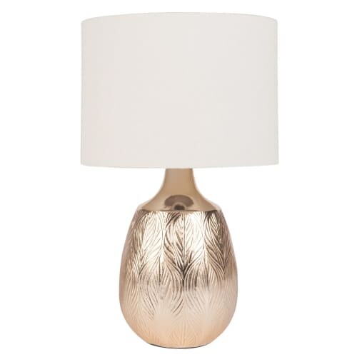 Lampe en céramique dorée feuilles gravées et abat-jour écru | Maisons du Monde