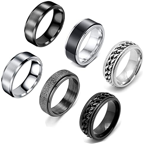 VELESAY 6Pcs Acier Inoxydable Noir Bague pour Hommes Femmes Vintage Rock Gothique Bague Chaine Bague Homme Noir Punk Bague De Chaîne Homme Acier Inoxydable Femmes