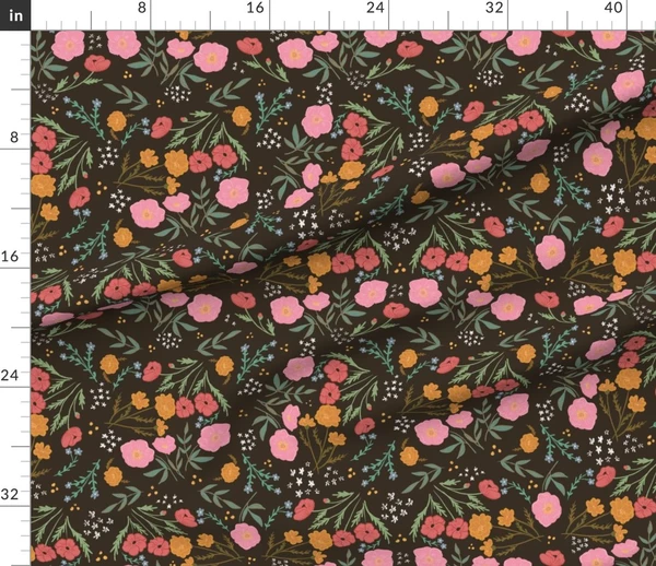 Fabric in Handdrawn Cottage Flowers Embroidery Dark Victorian Vintage Moody Florals