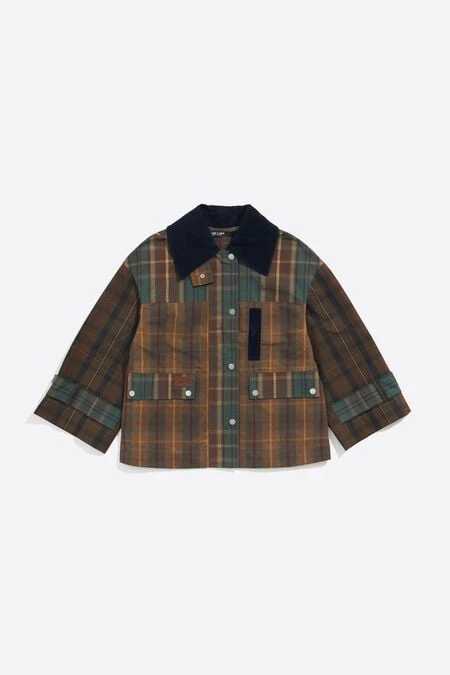 Blouson court carreaux multiples marron clair
