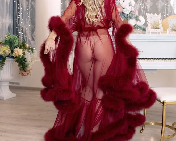 Robe de chambre en plumes Marabou bordeaux, Lingerie transparente plumes, Robe à plumes longues, Robe de mariée, Vêtements Boudoir Striptease