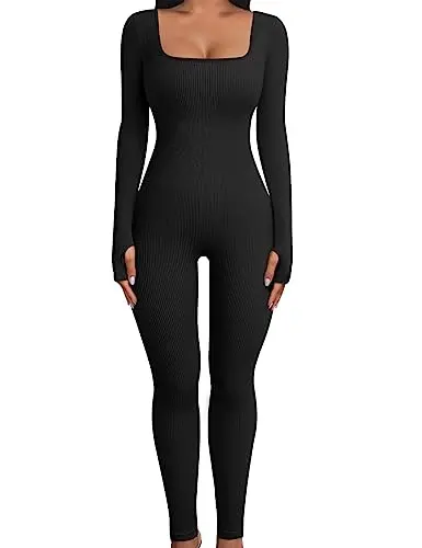 L- Svanco Femme Bustiers Combinaison Minceur Côtelé Sexy Col Carré Jumpsuit Longue Col Carré Une Pièce Couleur Unie Yoga Fitness Sports Sans Couture Bodycon Décontractée