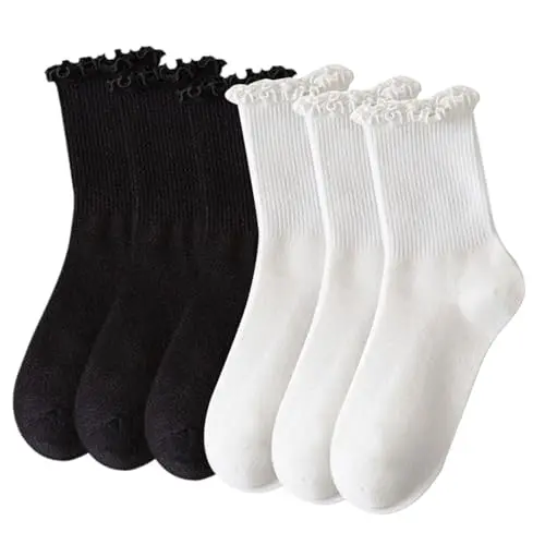 SKHAOVS 6 Paires Chaussettes Femmes Chaussettes en Dentelle Chaussettes Tricotées Chaussettes Confortables Invisible Chaussettes à Volants Chaussettes Entraînement pour Femmes Filles (6 Paires)