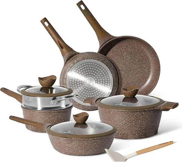 JUST PERFECTO Batterie de cuisine induction - set de casseroles avec couvercle en verre - tout feux - poele anti adhesive - sans PFOA/PTFE, Beige /Marron