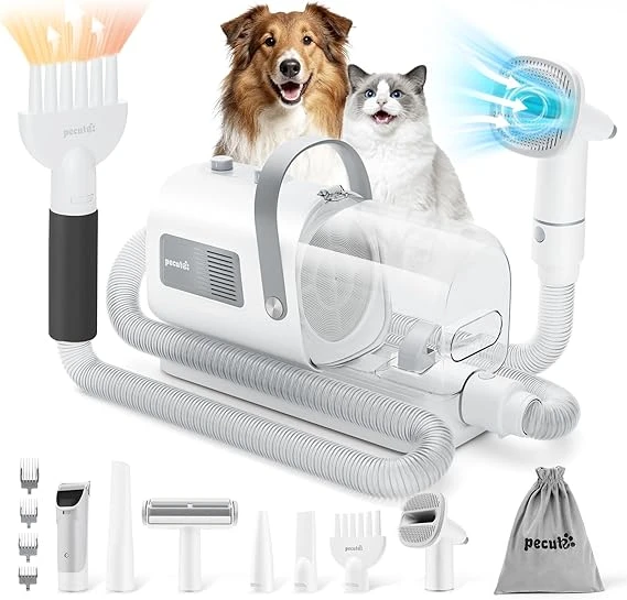 pecute ALL-IN-1 Kit Toilettage Aspirateur et Sèche-linge pour Chien, Pulseur + Tondeuse + Aspirateur pour Chat, Silencieux, Réglage Automatique Aspiration, 7 Accessoires de Beauté, Capacité de 1,7 L