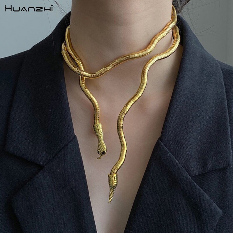 HUANZHI – collier et Bracelet Punk multicouches en alliage métallique, couleur or, serpent noir, bijoux pour femmes et hommes, 2020