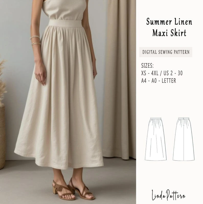 Patron de couture de jupe longue en lin, style Cottagecore (XS-4XL) (Patron PDF)