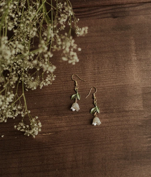 Cottagecore Flower Dangle Earrings, Handmade Dainty Jewelry, Boho Floral Jewelery Gift For Her, Enamel Nature Earrings, Lily Of The Valley