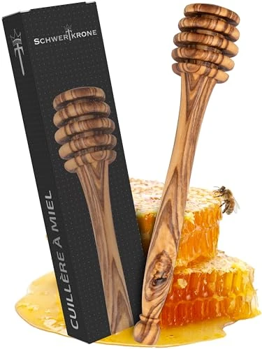 SCHWERTKRONE® Cuillère à Miel 15cm [BOIS D'OLIVIER ARTINASALE] - Haute Qualité Cuillère Miel Bois Olivier - Miel Accessoire - Propriétés Antibactériennes Culliere en Bois pour Miel