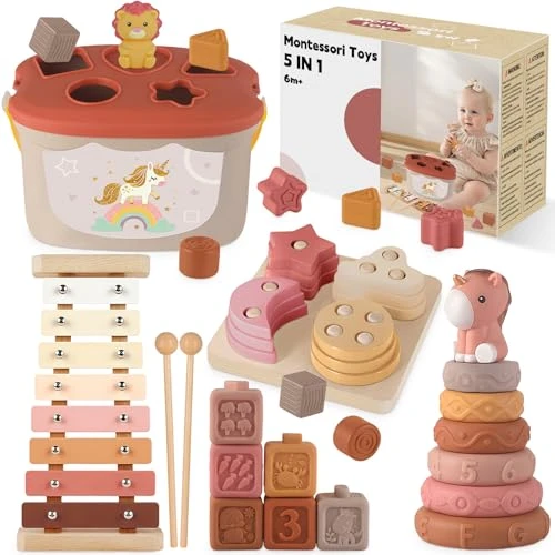 Almaxi Jouet Bebe 6 Mois, 5-en-1 Jouet Montessori Bébé 6-12 Mois - Jeux d'eveil Bebe 6-12 Mois avec Xylophone en Bois, Cubes à Empiler et Trieur de Formes,Jouet Sensoriel Cadeau Bebe Éducatif