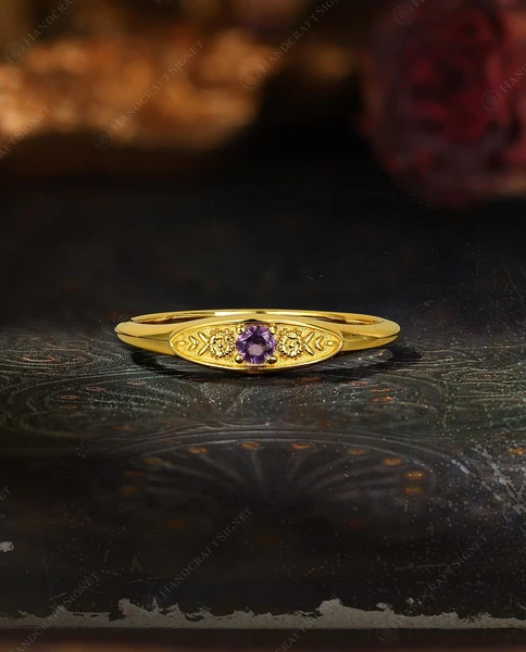 Vintage Floral Amethyst Ring Dainty Gold Band, Engraved Birthstone Jewelry, February Gift For Her
