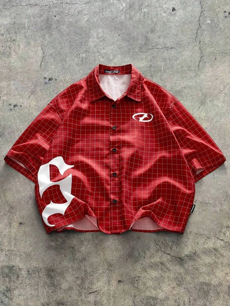 AXEPEAK Chemise tissée rouge à manches courtes, coupe ample, avec imprimé de lettres et carreaux, inspirée du streetwear pour hommes | Mode en ligne | SHEIN FRANCE