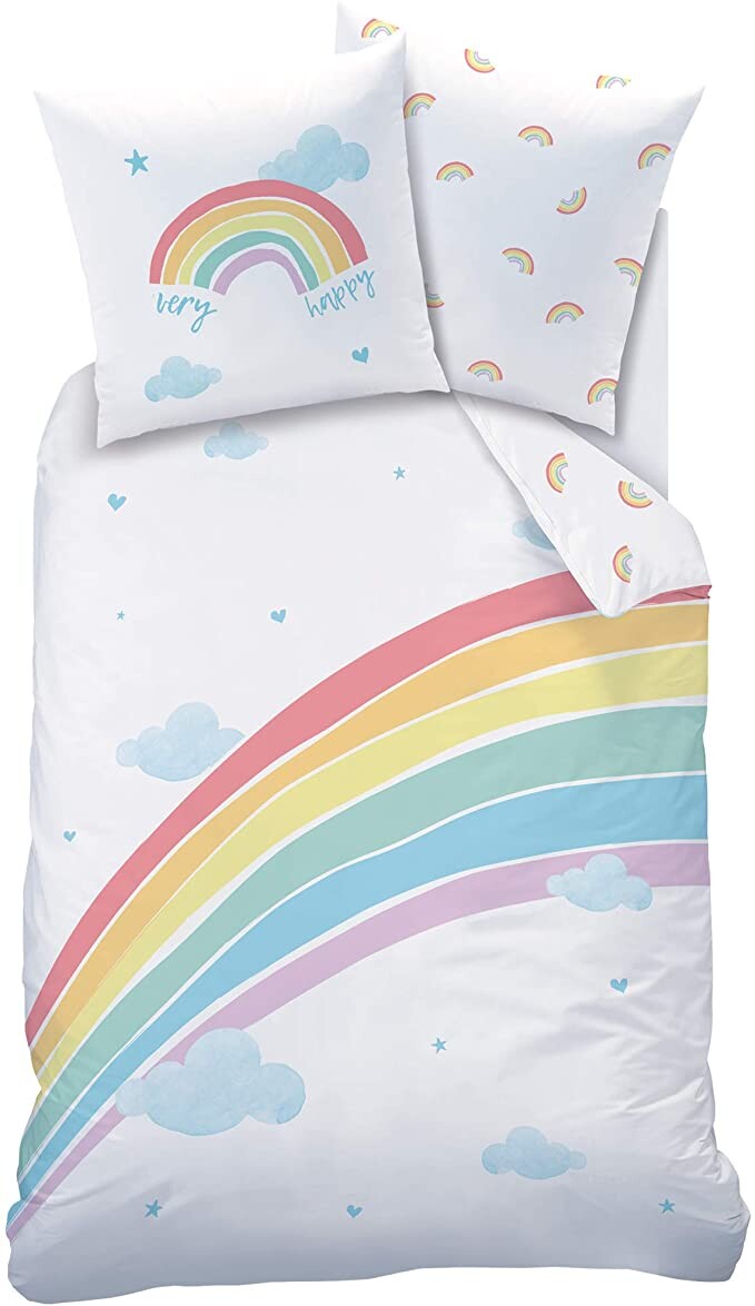 Parure de lit pour fille - Parure de lit - Parure de lit pour enfant - Very Happy Rainbow - Nuages étoiles - Taie d'oreiller 80 x 80 + housse de couette 135 x 200 cm - 100 % coton: Amazon.fr: Cuisine & Maison