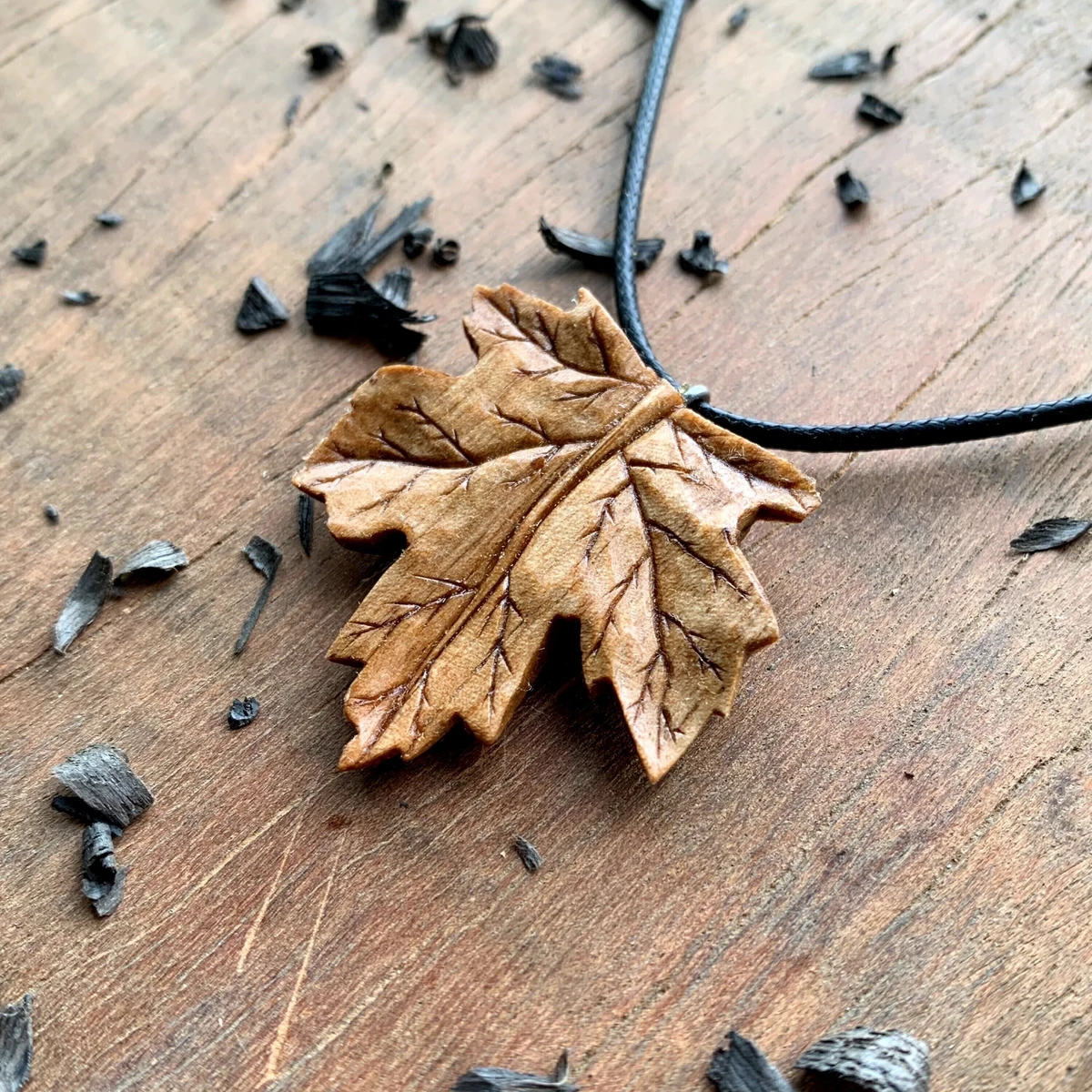 Floral Wood Maple Leaf Necklace, Hand Carved Floral Wooden Pendant, Artisan Jewelry Wood Gift Ideas For Her