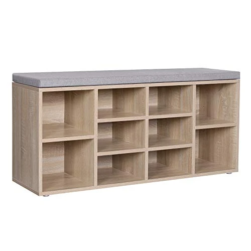 VASAGLE Banc à Chaussures, Étagère à Chaussures, Meuble de Rangement, 10 Compartiments, avec Coussin, pour Entrée, 30 x 104 x 48 cm, Couleur Boisée et Gris LHS10NL